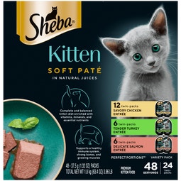 Sheba® Perfect Portions Kitten Wet Cat Food Pate Chicken Entree, Salmon Entree, and Turkey Entrée, 2.6 oz. Twin-Pack Trays, Pack of 24