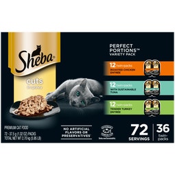 SHEBA® PERFECT PORTIONS™ Cuts in Gravy Roasted Chicken Entrée, Sustainable Tuna Entrée, and Tender Turkey Entrée image