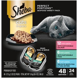 SHEBA® PERFECT PORTIONS™ Cuts in Gravy Sustainable Salmon Entrée, Sustainable Tuna Entrée and Delicate Whitefish & Tuna Entrée