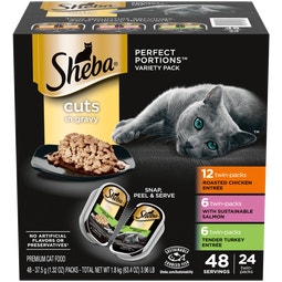 SHEBA® PERFECT PORTIONS™ Cuts in Gravy Roasted Chicken Entrée, Sustainable Salmon Entrée, and Tender Turkey Entrée image