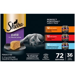 SHEBA® PERFECT PORTIONS™ Premium Paté Savory Chicken Entrée, Tender Beef Entrée, and Tender Whitefish & Tuna Entrée image